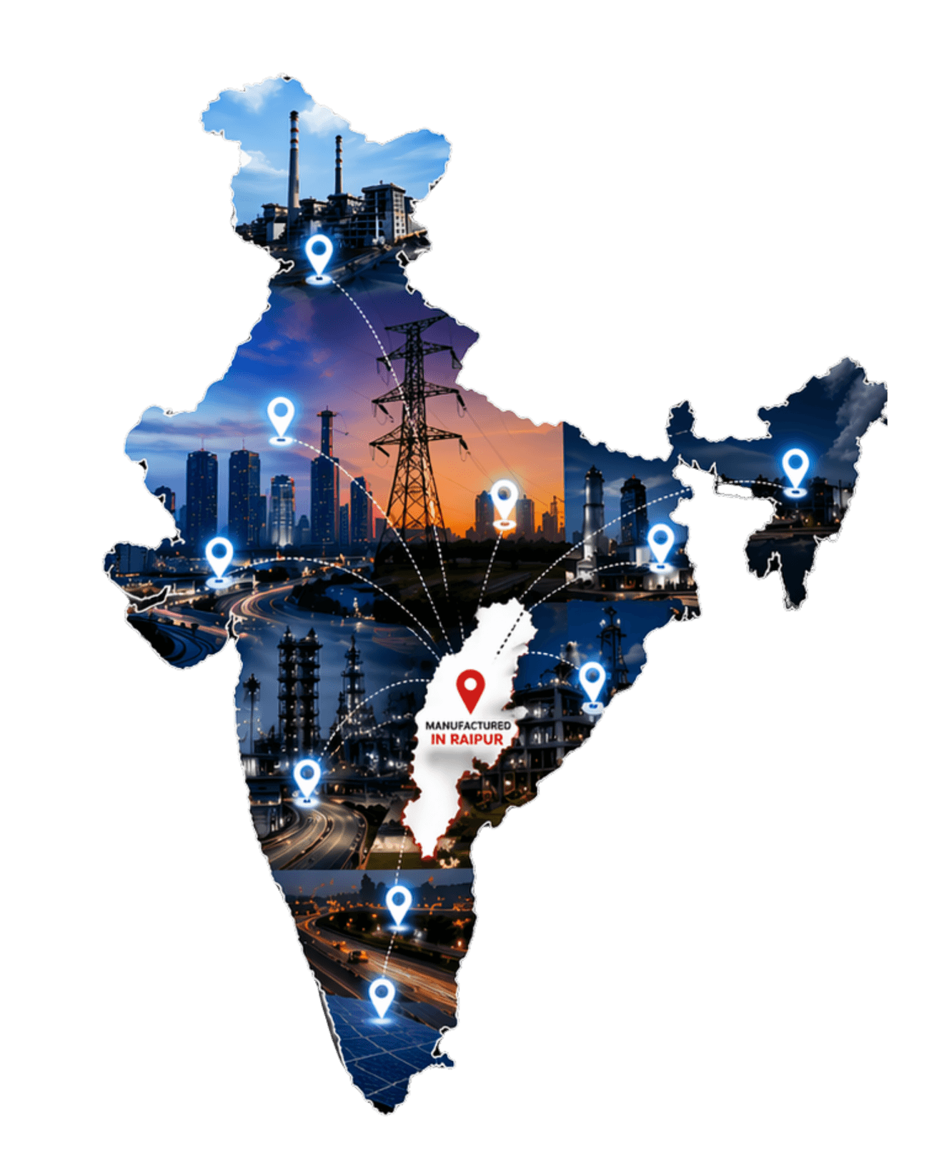 Map of India showing Norton Power earthing and lightning-protection products manufactured in Raipur and supplied to industrial sites across the country